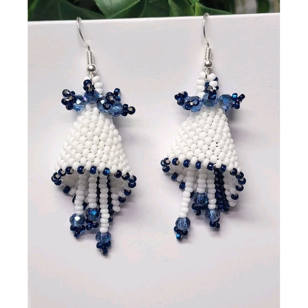 Handmade Beaded Bell Earrings - White & Blue Seed Bead Dangle Earrings